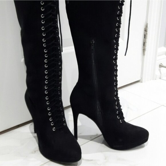 Black Eyelet Lace Up Platform Suedette Boots - Picture 9 of 16